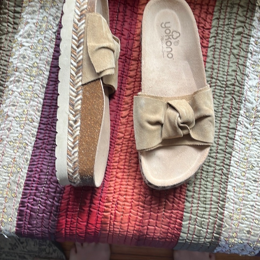 Yokono Arena flat-Sandals leather cork woven platform lug sole Slide
